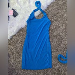 Amazon shiny blue cross halter neck dress